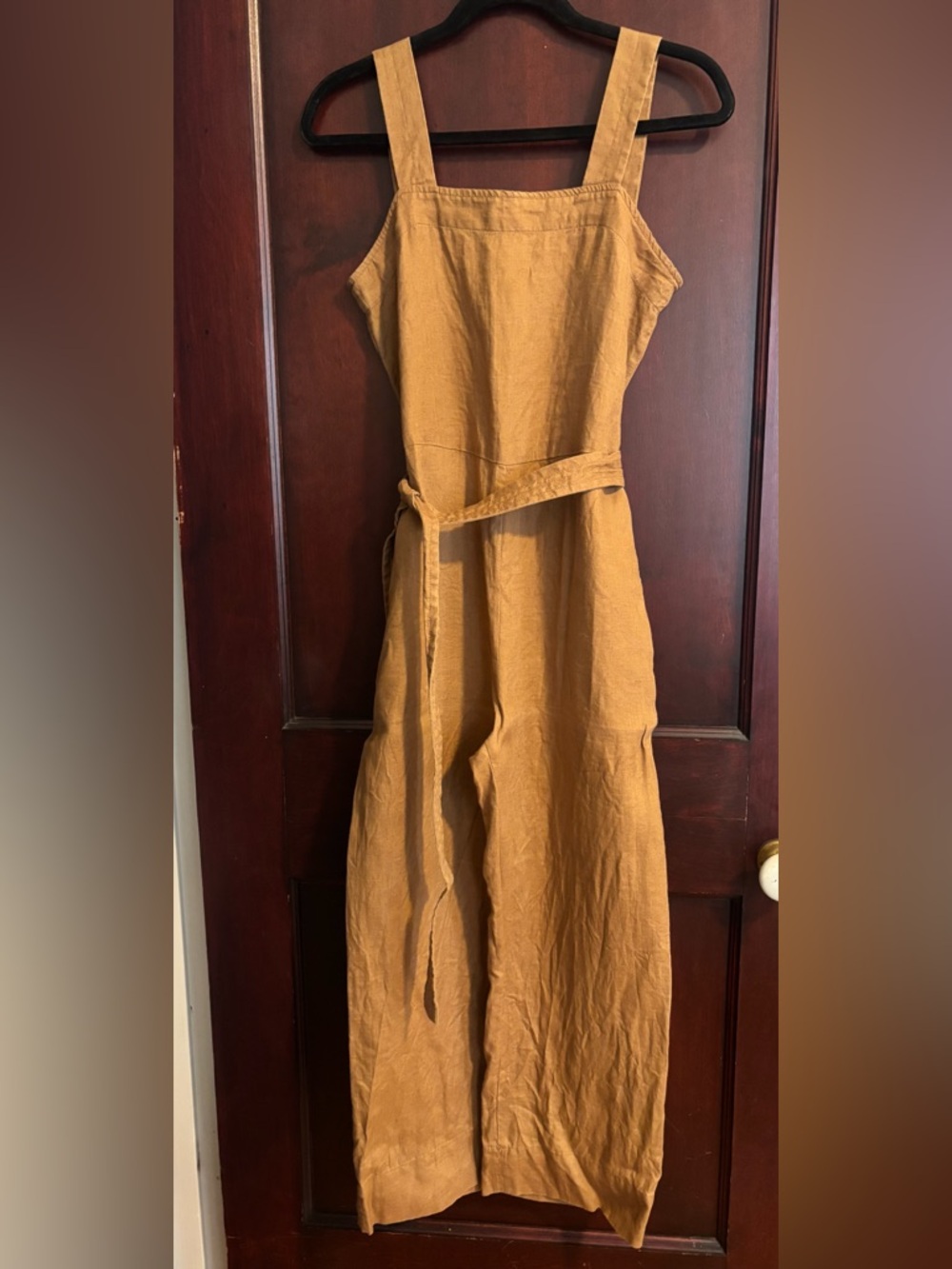 Quince Brown/Camel Linen Jumpsuit with Waist Tie - Size XS
